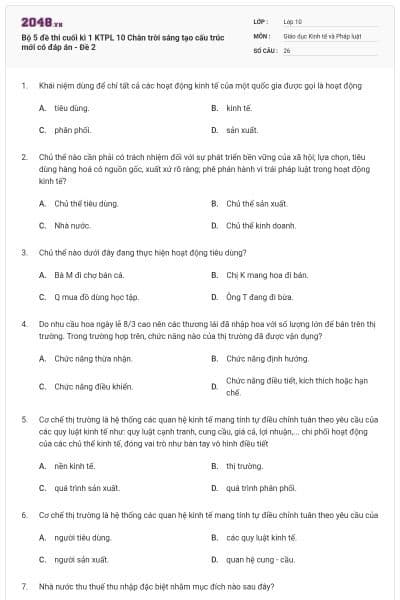Bộ 5 đề thi cuối kì 1 KTPL 10 Chân trời sáng tạo cấu trúc mới có đáp án - Đề 2