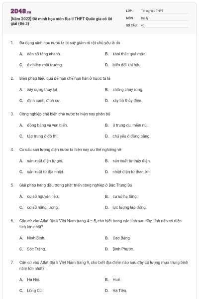 [Năm 2022] Đề minh họa môn Địa lí THPT Quốc gia có lời giải (Đề 3)