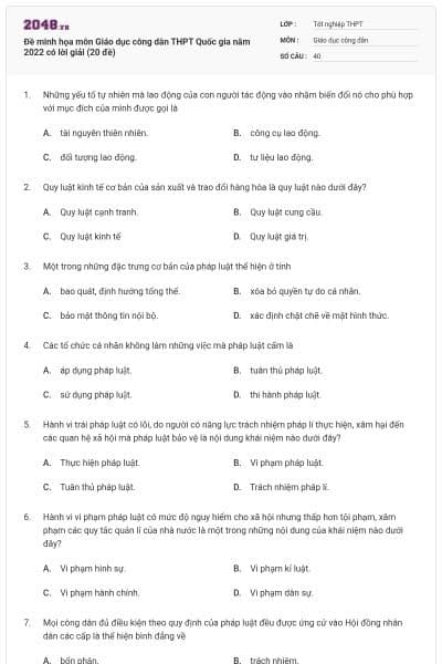 Đề minh họa môn Giáo dục công dân THPT Quốc gia năm 2022 có lời giải (20 đề)