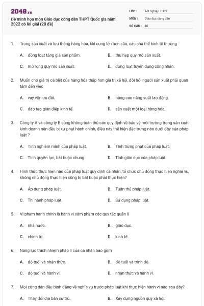 Đề minh họa môn Giáo dục công dân THPT Quốc gia năm 2022 có lời giải (20 đề)