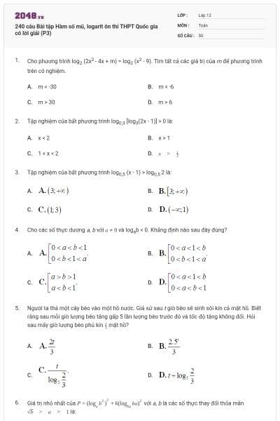 240 câu Bài tập Hàm số mũ, logarit ôn thi THPT Quốc gia có lời giải (P3)