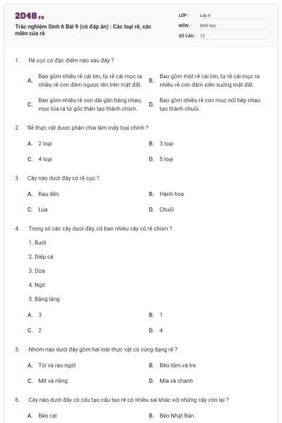 Trắc nghiệm Sinh 6 Bài 9 (có đáp án) : Các loại rễ, các miền của rễ