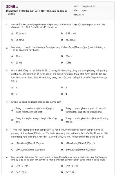 [Năm 2022] Đề thi thử môn Vật lí THPT Quốc gia có lời giải - Đề số 3
