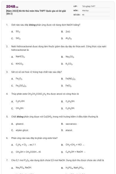 [Năm 2022] Đề thi thử môn Hóa THPT Quốc gia có lời giải (Đề 2)