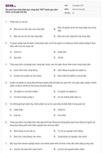 Đề minh họa môn Giáo dục công dân THPT Quốc gia năm 2022 có lời giải (20 đề)
