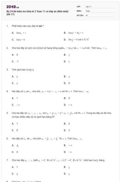 Bộ 24 Đề kiểm tra Giữa kì 2 Toán 11 có đáp án (Mới nhất) (Đề 17)