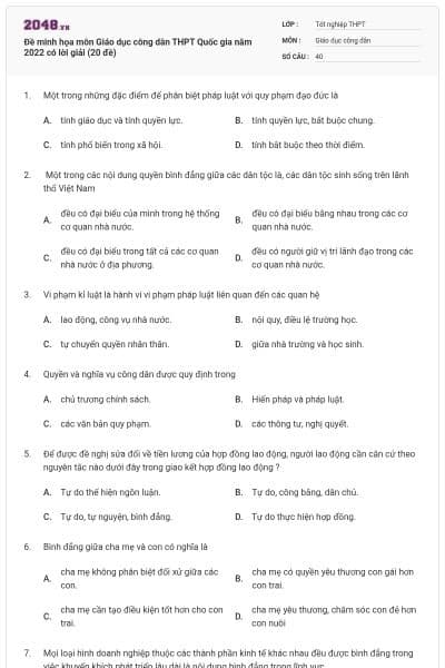 Đề minh họa môn Giáo dục công dân THPT Quốc gia năm 2022 có lời giải (20 đề)