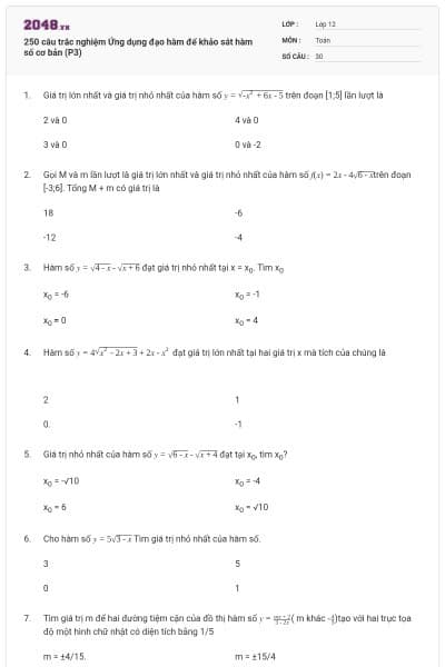 250 câu trắc nghiệm Ứng dụng đạo hàm để khảo sát hàm số cơ bản (P3)
