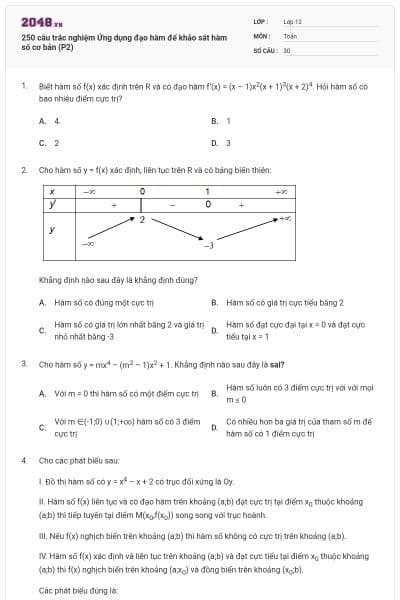 250 câu trắc nghiệm Ứng dụng đạo hàm để khảo sát hàm số cơ bản (P2)