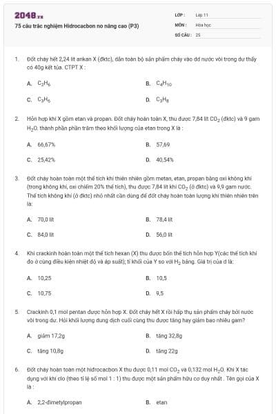 75 câu trắc nghiệm Hidrocacbon no nâng cao (P3)