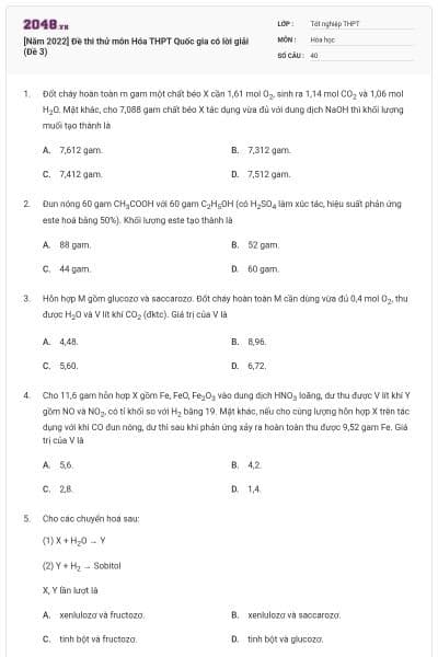 [Năm 2022] Đề thi thử môn Hóa THPT Quốc gia có lời giải (Đề 3)