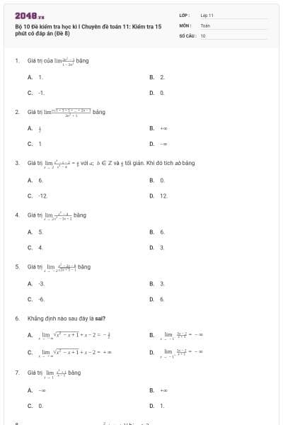 Bộ 10 Đề kiểm tra học kì I Chuyên đề toán 11: Kiểm tra 15 phút có đáp án (Đề 8)