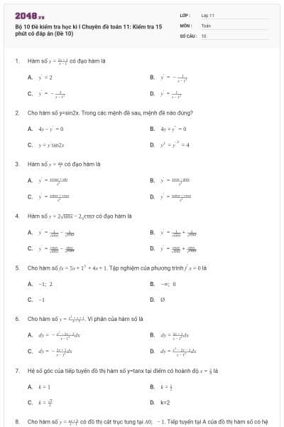 Bộ 10 Đề kiểm tra học kì I Chuyên đề toán 11: Kiểm tra 15 phút có đáp án (Đề 10)