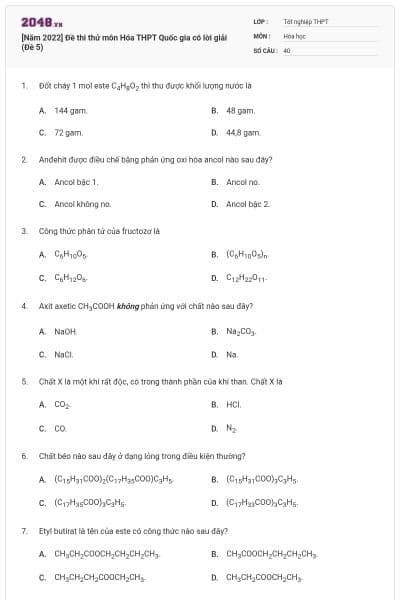 [Năm 2022] Đề thi thử môn Hóa THPT Quốc gia có lời giải (Đề 5)