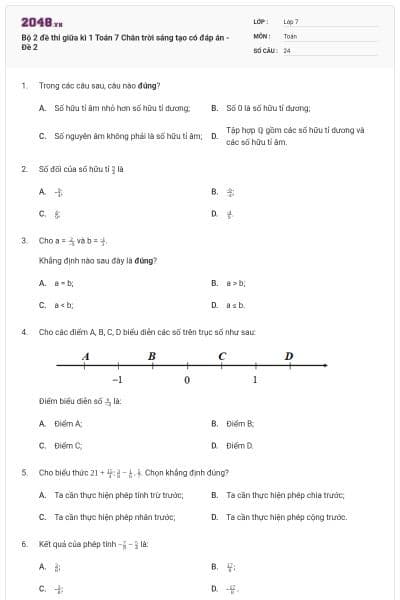 Bộ 2 đề thi giữa kì 1 Toán 7 Chân trời sáng tạo có đáp án - Đề 2