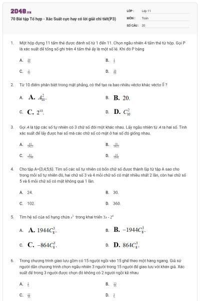 70 Bài tập Tổ hợp - Xác Suất cực hay có lời giải chi tiết(P3)