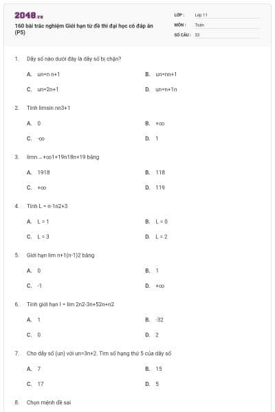 160 bài trắc nghiệm Giới hạn từ đề thi đại học có đáp án (P5)