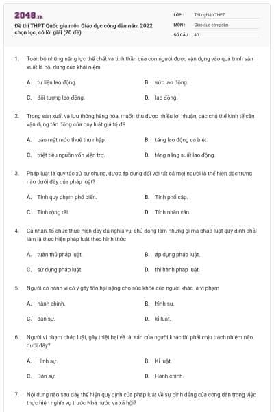 Đề thi THPT Quốc gia môn Giáo dục công dân năm 2022 chọn lọc, có lời giải (20 đề)