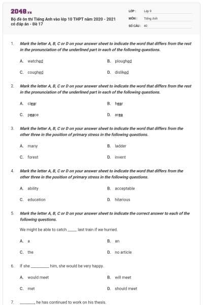 Bộ đề ôn thi Tiếng Anh vào lớp 10 THPT năm 2020 - 2021 có đáp án - Đề 17