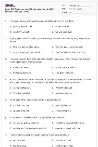 Đề thi THPT Quốc gia môn Giáo dục công dân năm 2022 chọn lọc, có lời giải (20 đề)
