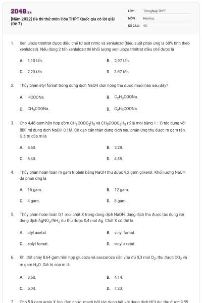 [Năm 2022] Đề thi thử môn Hóa THPT Quốc gia có lời giải (Đề 7)