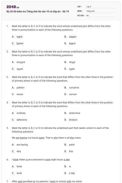 Bộ 20 đề kiểm tra Tiếng Anh thi vào 10 có đáp án - Đề 19