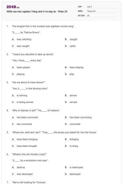 5000 câu trắc nghiệm Tiếng Anh 9 có đáp án - Phần 29