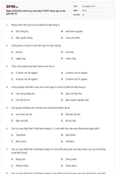 [Năm 2022] Đề minh họa môn Địa lí THPT Quốc gia có lời giải (Đề 4)
