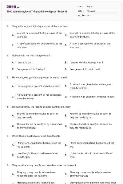 5000 câu trắc nghiệm Tiếng Anh 9 có đáp án - Phần 31