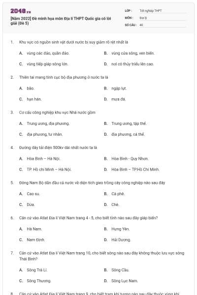 [Năm 2022] Đề minh họa môn Địa lí THPT Quốc gia có lời giải (Đề 5)