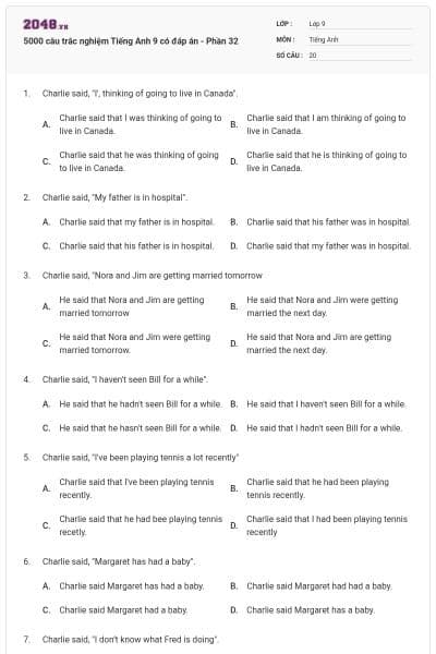 5000 câu trắc nghiệm Tiếng Anh 9 có đáp án - Phần 32