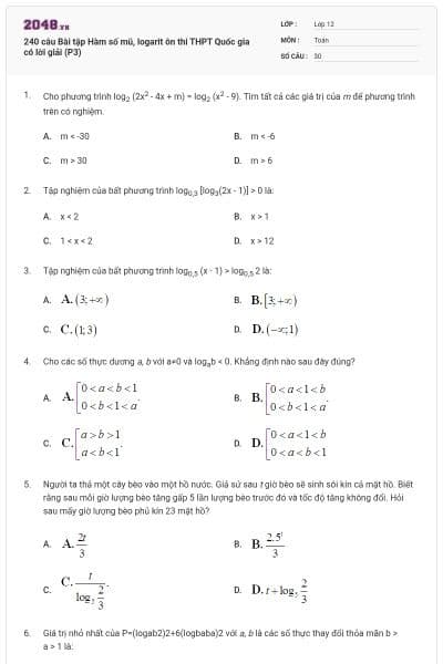240 câu Bài tập Hàm số mũ, logarit ôn thi THPT Quốc gia có lời giải (P3)
