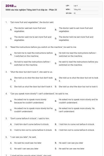 5000 câu trắc nghiệm Tiếng Anh 9 có đáp án - Phần 33