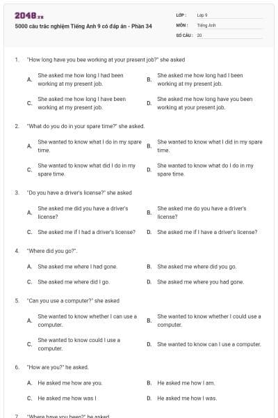 5000 câu trắc nghiệm Tiếng Anh 9 có đáp án - Phần 34