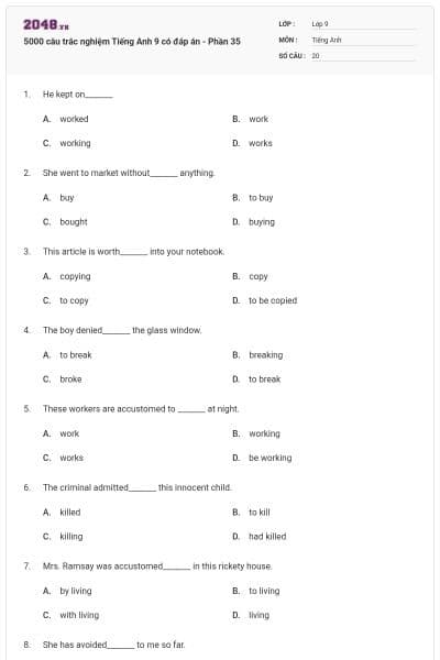 5000 câu trắc nghiệm Tiếng Anh 9 có đáp án - Phần 35