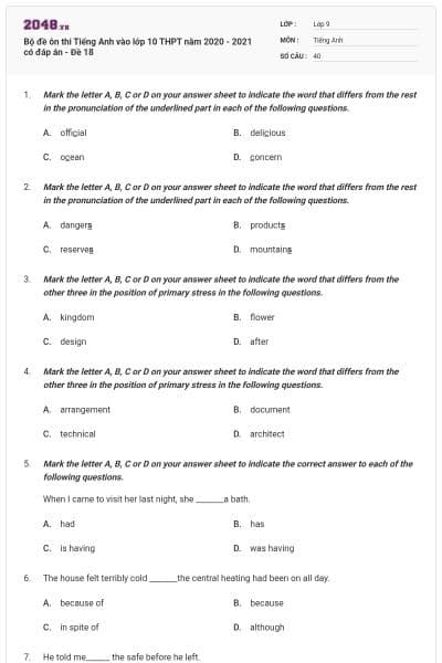 Bộ đề ôn thi Tiếng Anh vào lớp 10 THPT năm 2020 - 2021 có đáp án - Đề 18