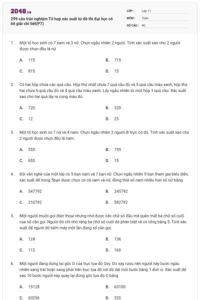 299 câu trắc nghiệm Tổ hợp xác suất từ đề thi đại học có lời giải chi tiết(P7)