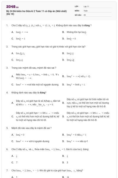 Bộ 24 Đề kiểm tra Giữa kì 2 Toán 11 có đáp án (Mới nhất) (Đề 18)