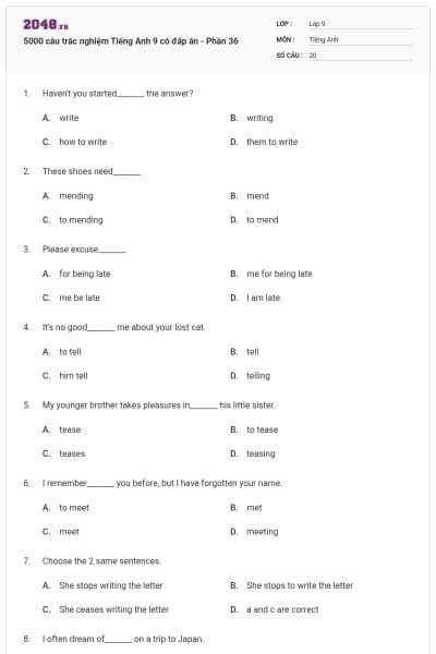 5000 câu trắc nghiệm Tiếng Anh 9 có đáp án - Phần 36