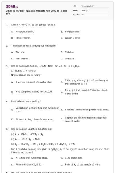 30 đề thi thử THPT Quốc gia môn Hóa năm 2022 có lời giải (Đề 1)