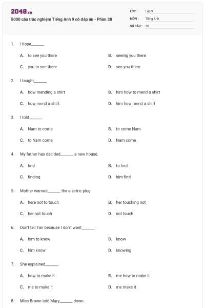 5000 câu trắc nghiệm Tiếng Anh 9 có đáp án - Phần 38