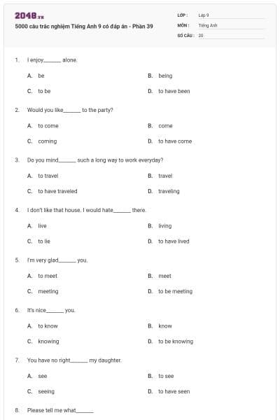 5000 câu trắc nghiệm Tiếng Anh 9 có đáp án - Phần 39