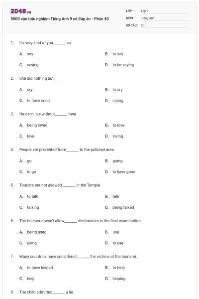 5000 câu trắc nghiệm Tiếng Anh 9 có đáp án - Phần 40