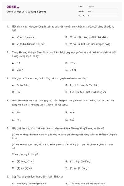 Đề ôn thi Vật Lí 10 có lời giải (Đề 9)