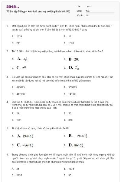 70 Bài tập Tổ hợp - Xác Suất cực hay có lời giải chi tiết(P3)