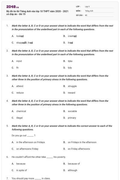 Bộ đề ôn thi Tiếng Anh vào lớp 10 THPT năm 2020 - 2021 có đáp án - Đề 19
