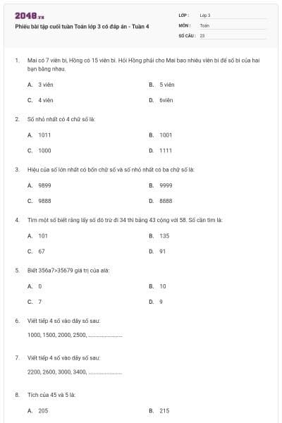 Phiếu bài tập cuối tuần Toán lớp 3 có đáp án - Tuần 4