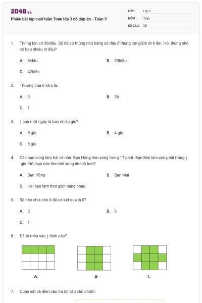 Phiếu bài tập cuối tuần Toán lớp 3 có đáp án - Tuần 5