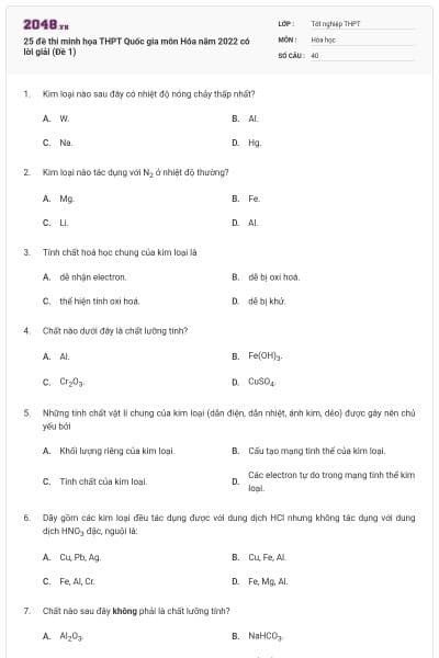 25 đề thi minh họa THPT Quốc gia môn Hóa năm 2022 có lời giải (Đề 1)
