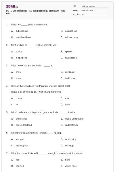 ĐGTD ĐH Bách khoa - Sử dụng ngôn ngữ Tiếng Anh - Câu ước